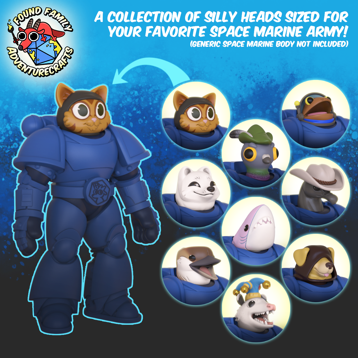 Silly Space Marine Heads - 28mm Cartoony Animal Heads for 40K