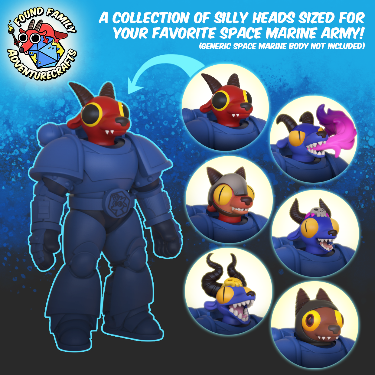 Silly Space Marine Heads - 28mm Cartoony Kobold Heads for 40K