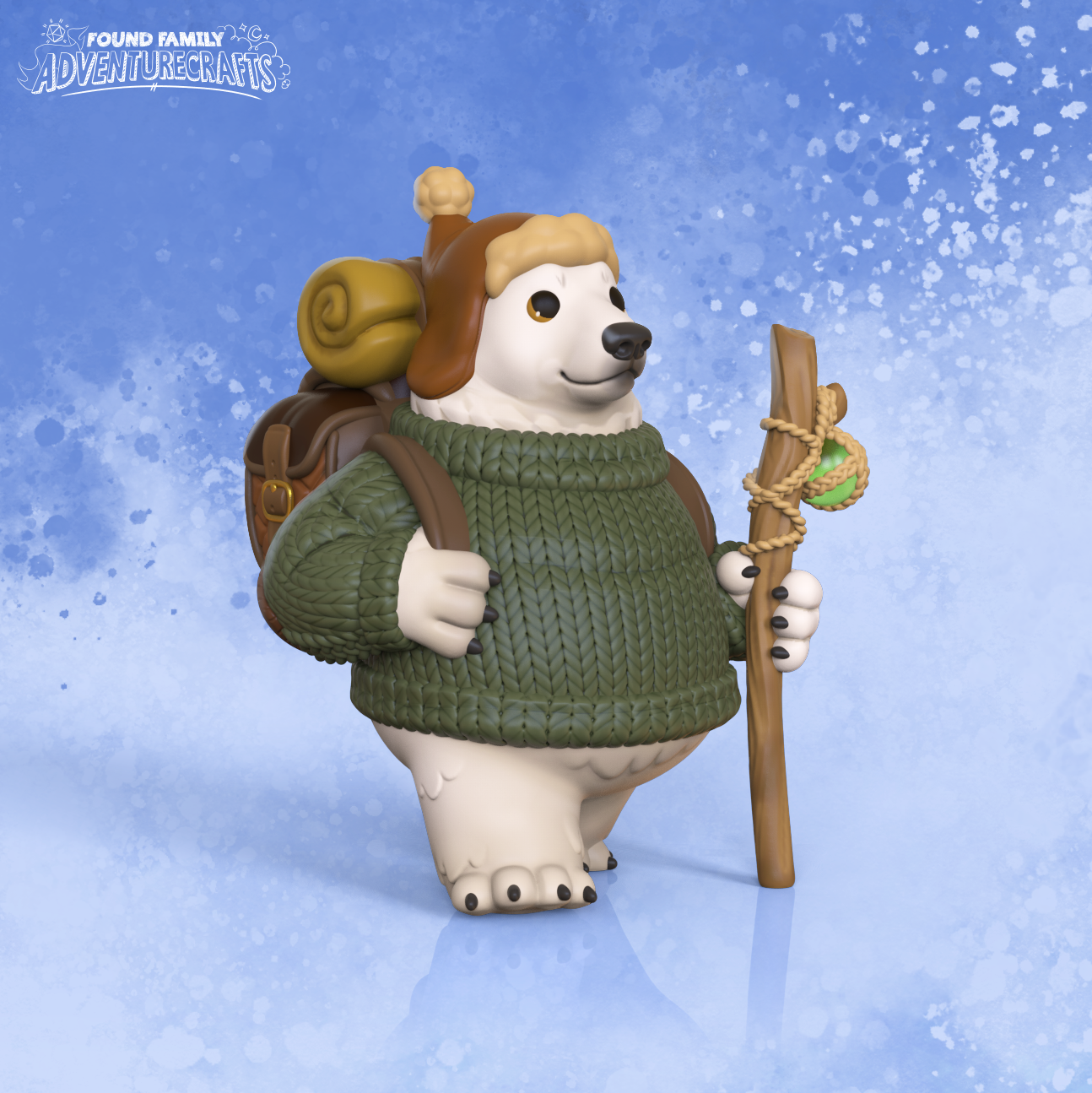 A 3d model of a polar bear figurine wearing a green sweater, holding a staff, and carrying a backpack with a blue snowy background.