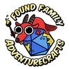 A cute, red cartoon kobold holding a paint brush and laying on top of a blue D20, surrounded by 'Found Family Adventurecrafts' text. The paint splashes are yellow.
