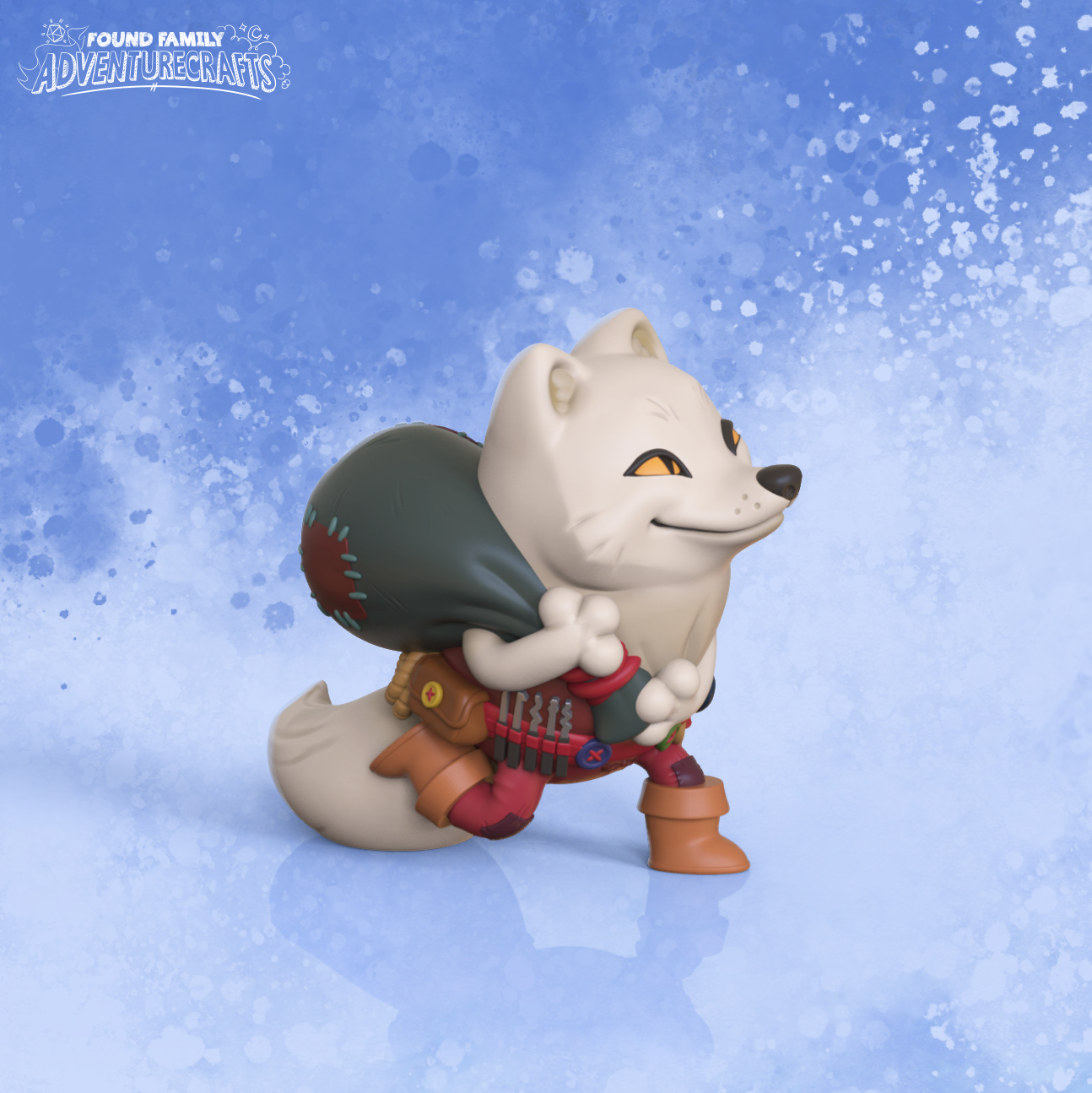 A cute, cartoony arctic fox 3d model looking sneaky. It has a sack and thief tools on its belt and stands on a snowy background.