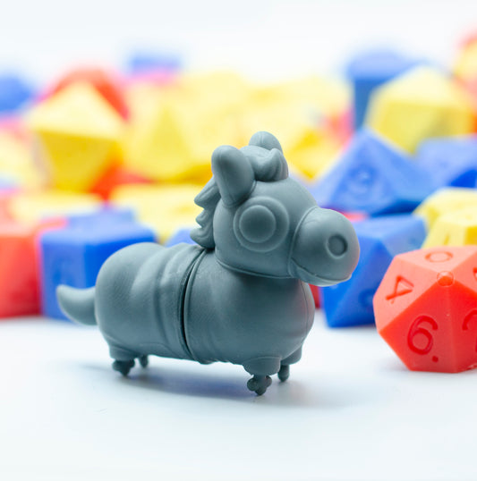 A 3d printed cartoony two-part horse costume, with little kobold feet sticking out of the bottom.