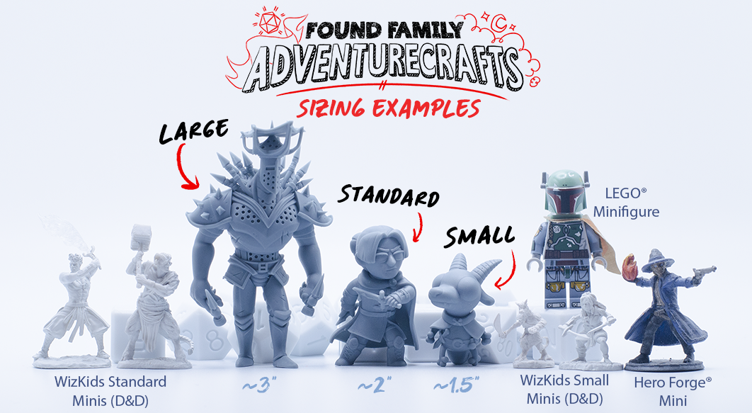 Sizing of minis - large, small and standard next to LEGO, Hero Forge and WizKids minis.