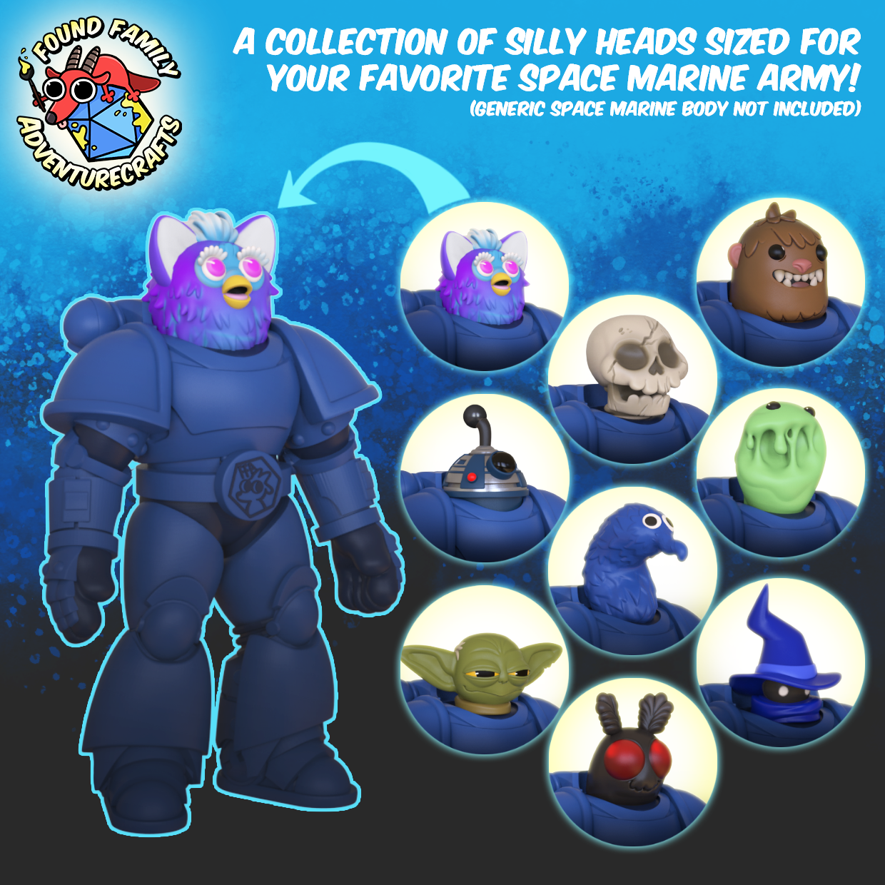 Silly Space Marine Heads - 28mm Nonsense Heads (Parody, TTRPG, Cryptids) for 40K