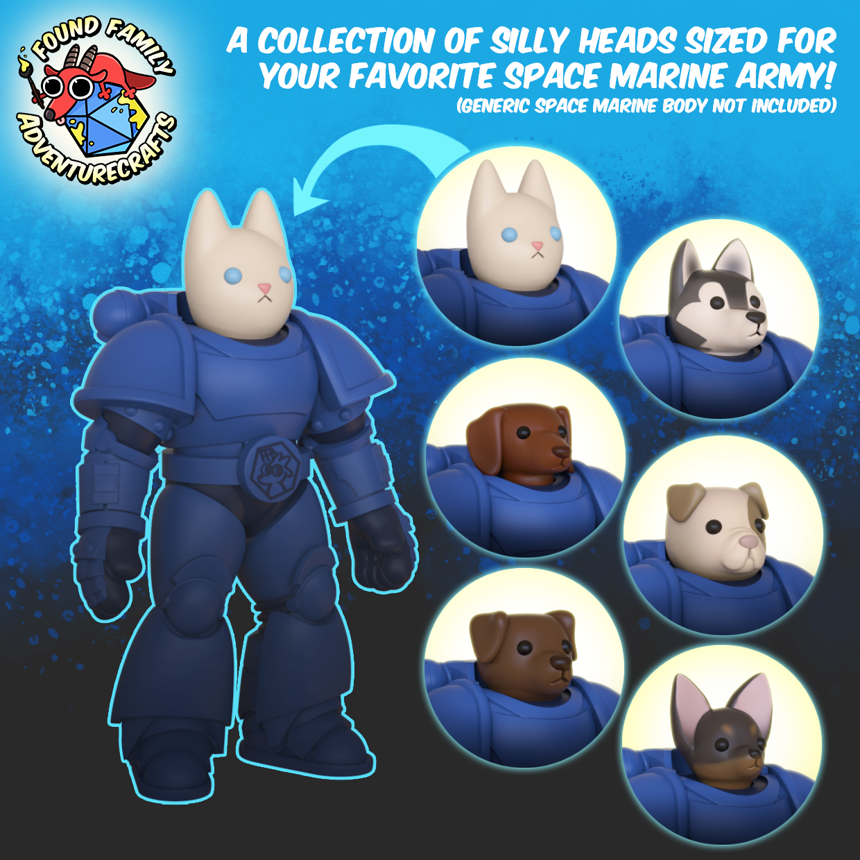 Silly Space Marine Heads - 28mm Cartoony Cat and Dog Heads for 40K