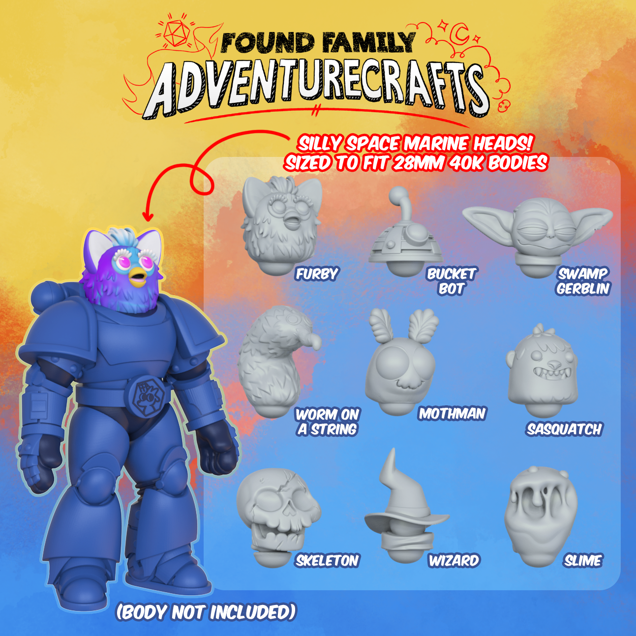 Silly Space Marine Heads - 28mm Nonsense Heads (Parody, TTRPG, Cryptids) for 40K
