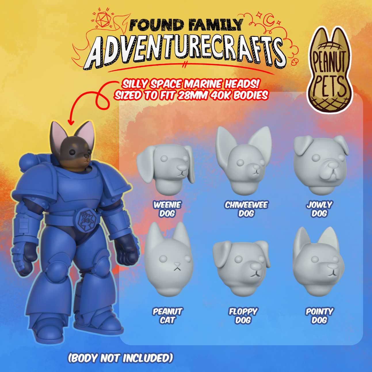 Silly Space Marine Heads - 28mm Cartoony Cat and Dog Heads for 40K