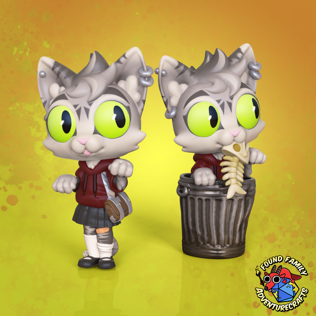 Two catgirl themed 3d models with green eyes on a yellow background, with the 'Found Family Adventurecrafts' logo