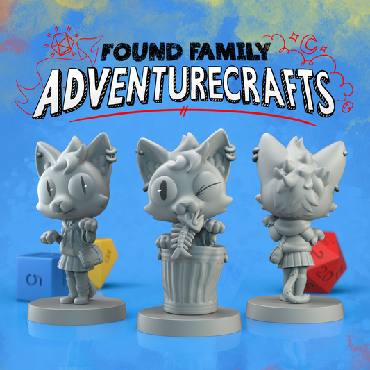 Three views of the alley cat girl figurine, an anthropomorphic cat with a school uniform, hoodie and piercings. One has a fish bones in its mouth and sits in a trash can. The renders are on a blue background with 'Found Family AdventureCrafts' text.