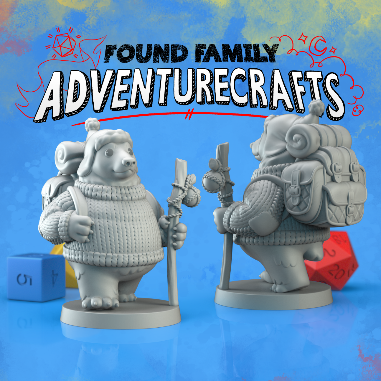 Two gray 3d bear miniature figurines with backpacks, warm hats and walking sticks on a blue background, featuring 'Found Family AdventureCrafts' text.
