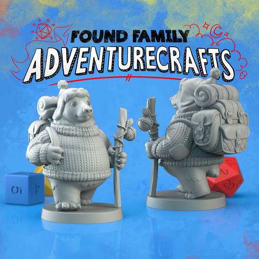 Two gray 3d bear miniature figurines with backpacks, warm hats and walking sticks on a blue background, featuring 'Found Family AdventureCrafts' text.