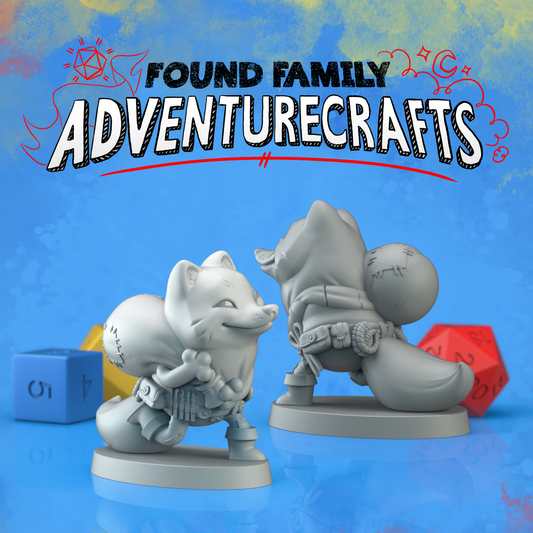 Two views of a cute 3d modeled fox thief miniature figurine with a blue background and 'Found Family Adventurecrafts' text.