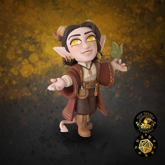 A custom TTRPG miniature of a tiefling holding a leaf and wearing a fancy coat and tea-themed accessories.