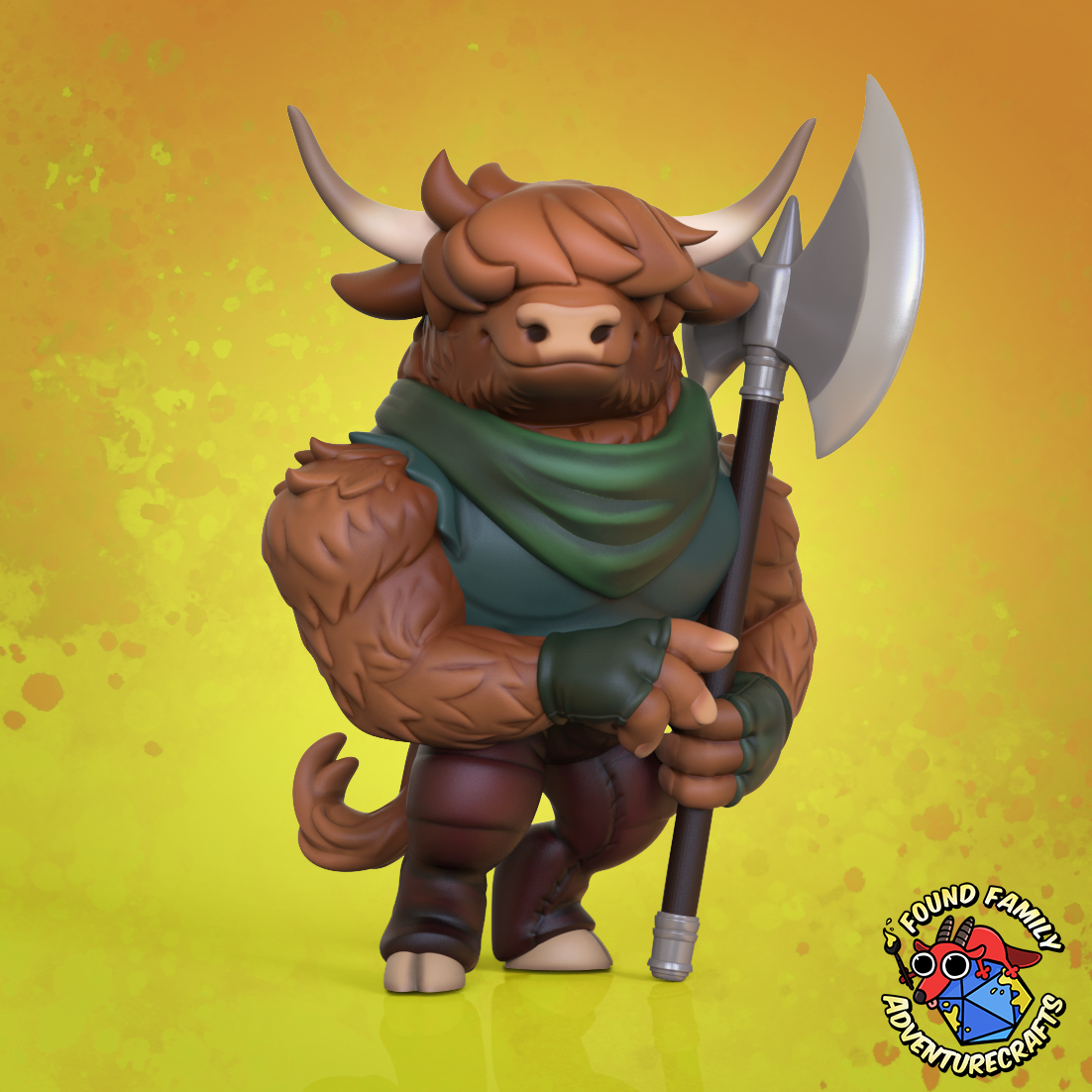 3D modeled friendly, cute highland bull minotaur character holding an axe on a yellow background with 'Found Family Adventurecrafts' logo.