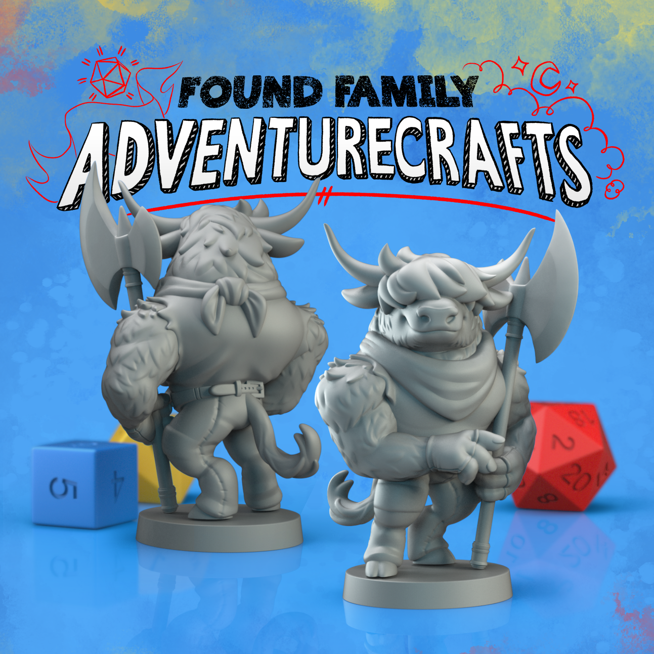 Two gray 3d models of minotaur TTRPG miniatures, wielding with axes on a blue background with 'Found Family Adventurecrafts' text.
