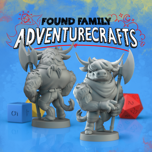 Two gray 3d models of minotaur TTRPG miniatures, wielding with axes on a blue background with 'Found Family Adventurecrafts' text.