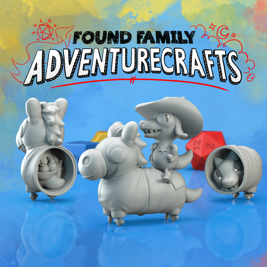 3D models of kobolds working together to make a "horse" costume. A cowboy with little boots, a sheriff badge and bolo tie sits on the butt part of the costume that a kobold peeks out of. The head part reveals a kobold with bombs and a knife.

'Found Family Adventurecrafts' text on a colorful background.