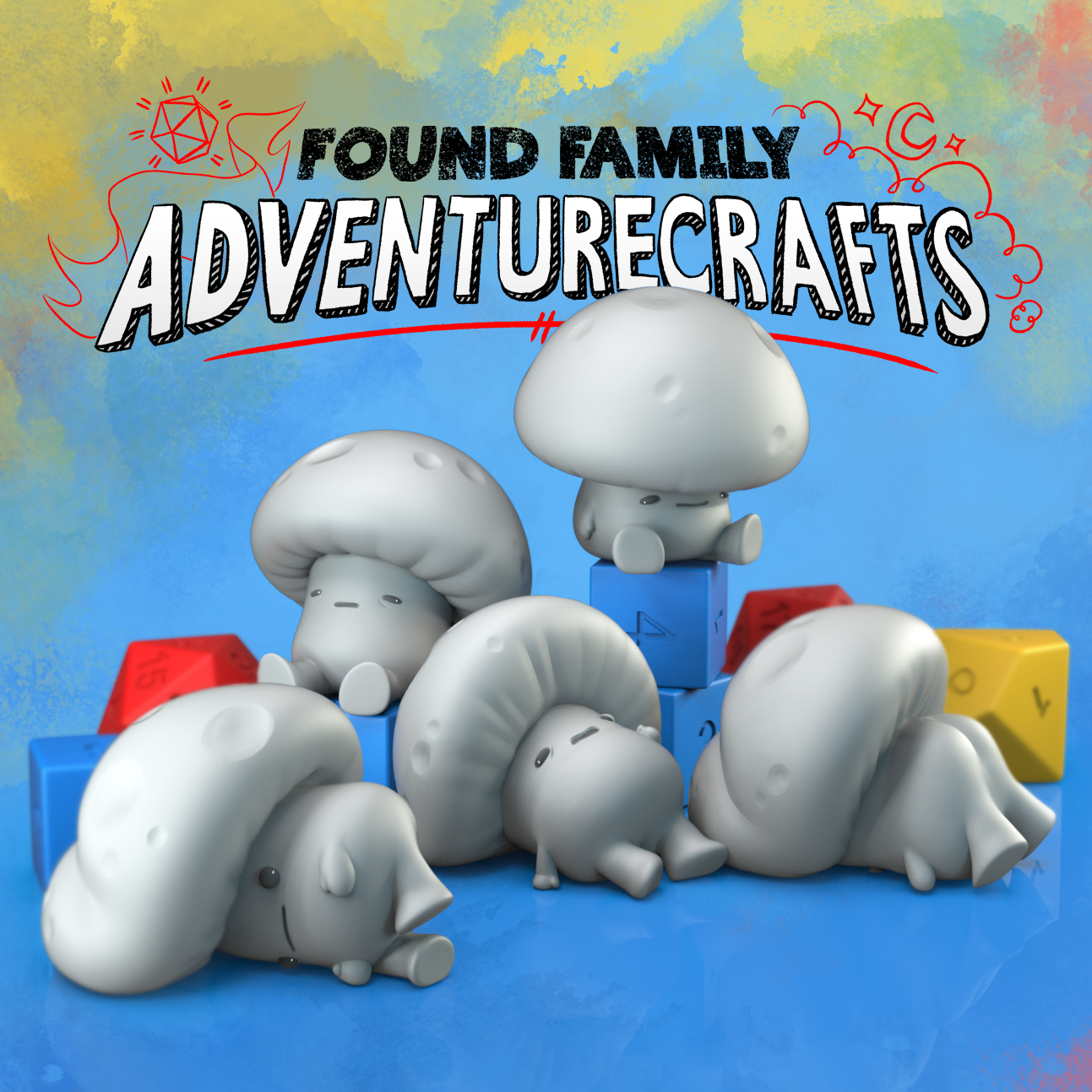 3D models of miniature figures resembling mushroom characters, on a colorful background with 'Found Family AdventureCrafts' text.