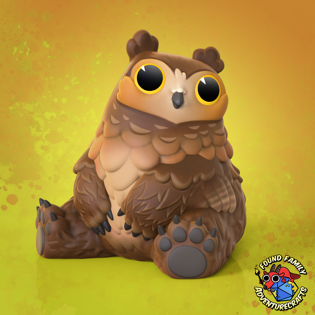 3D art of a cute, cartoony owlbear from D&D or TTRPG games with a yellow background