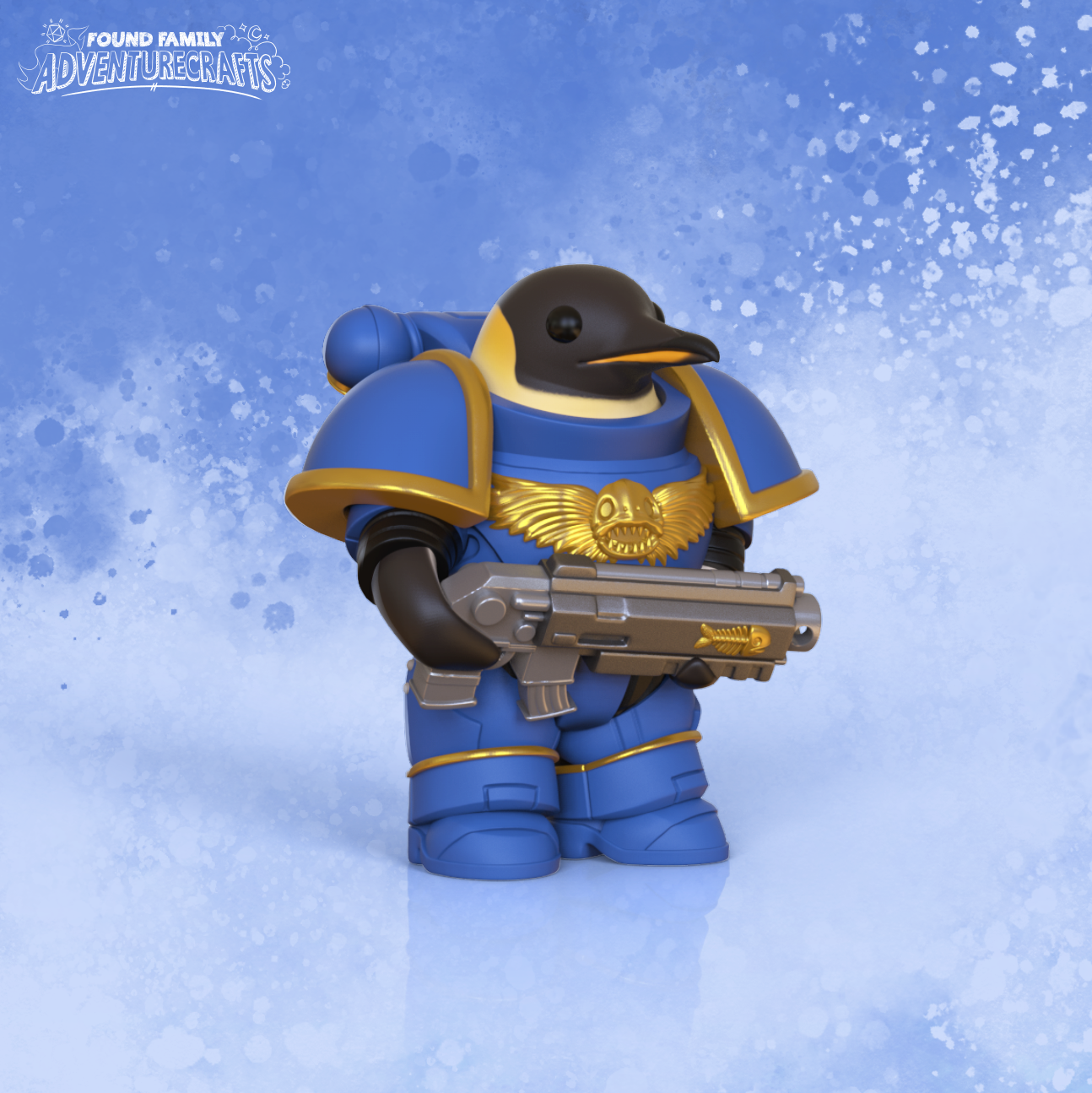 3D model of a miniature figure of a penguin space marine, reminescent of Warhammer, with weapon on a blue and white background