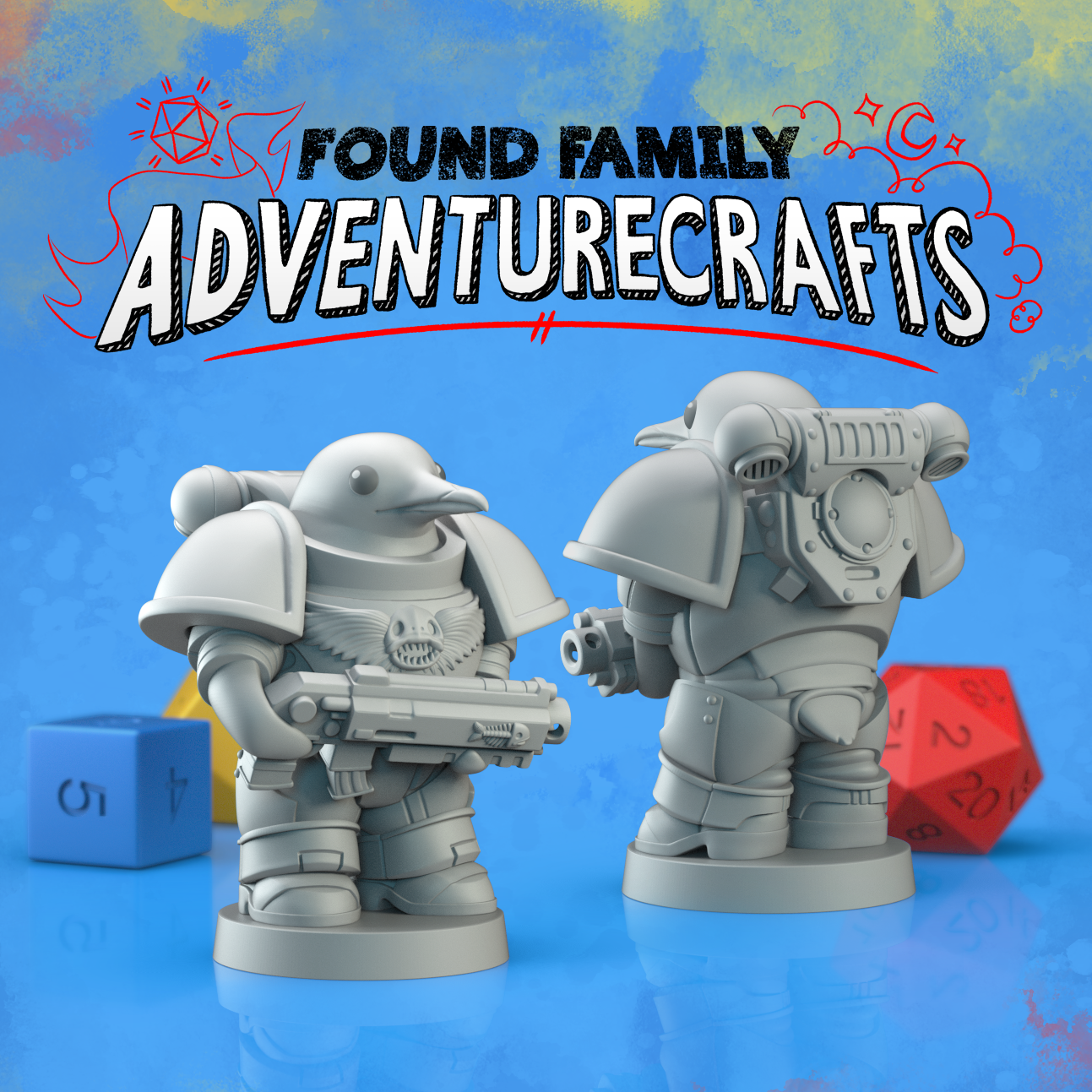 Two views of gray 3d models of the Penguin space Marine figures with weapons on a blue background, featuring 'Found Family AdventureCrafts' text.