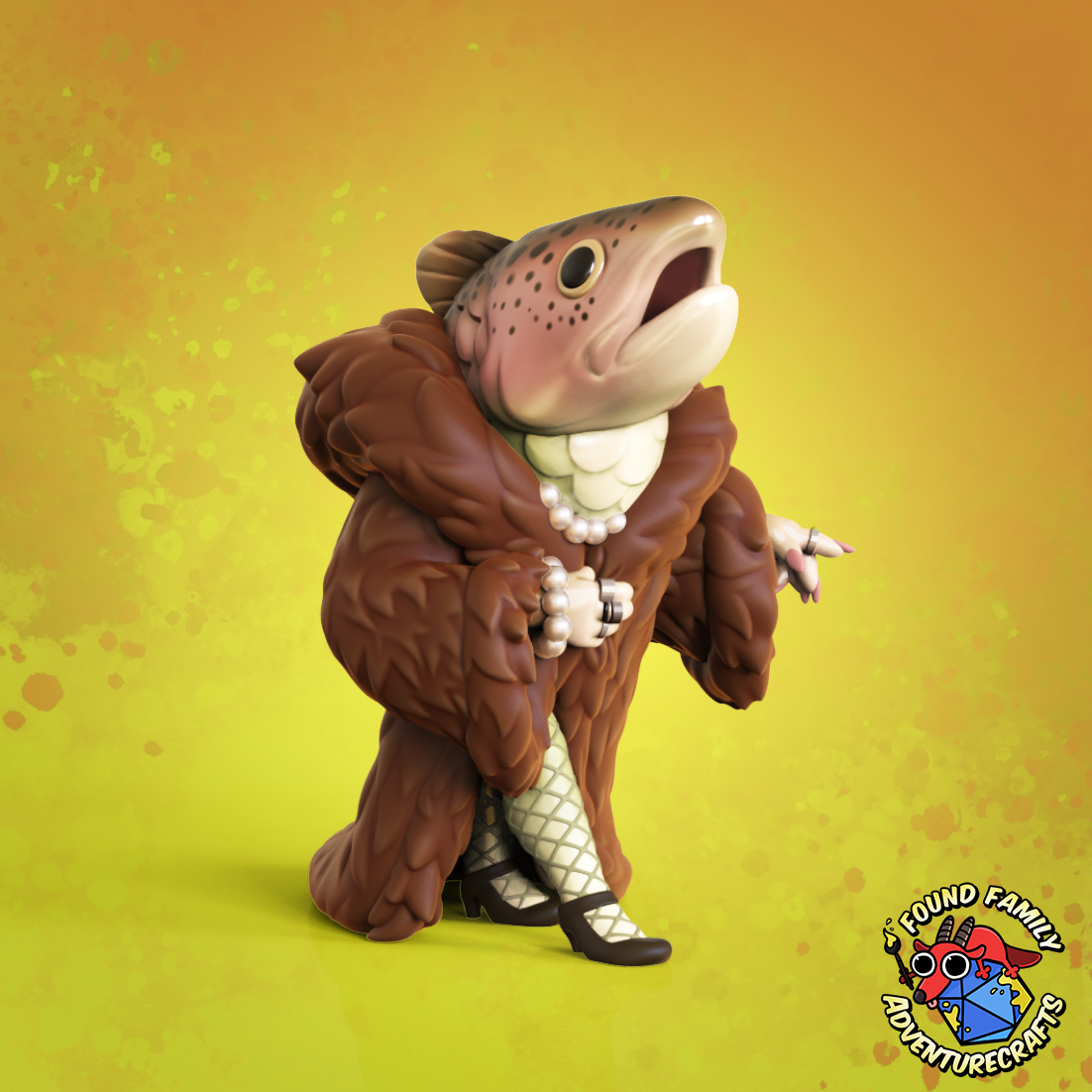 Fish-like reverse mermaid character in a big fur coat with a pearl necklace and fishnets on a yellow background, featuring the 'Found Family Adventurecrafts' logo.