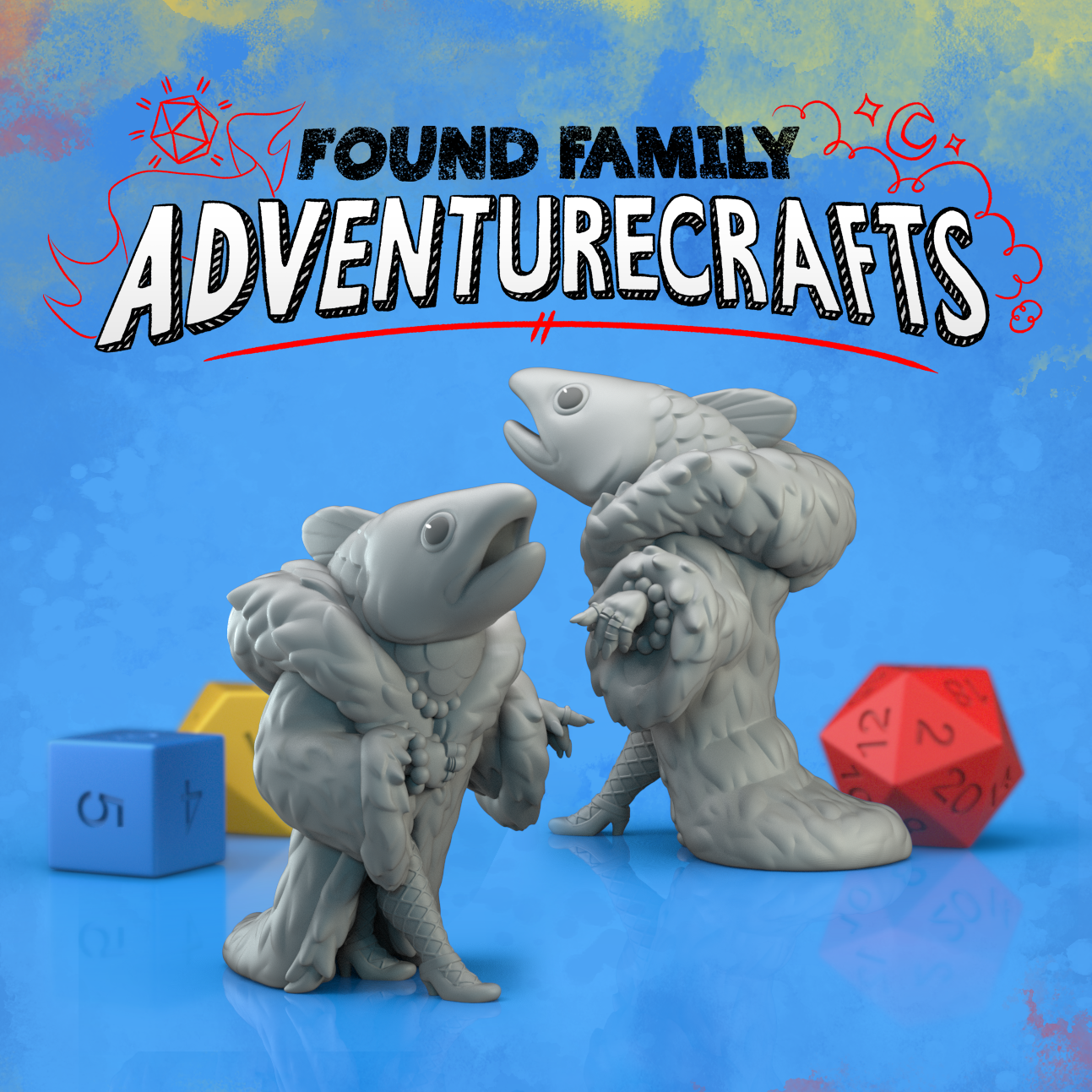 Two fish-like reverse mermaid creature miniatures with dice on a blue background, featuring 'Found Family Adventurecrafts' text.