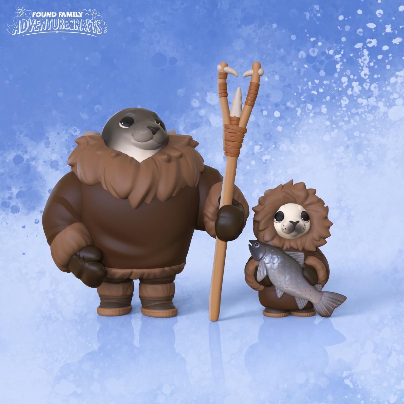 Two 3d models of seal figures in two furry parkas, with hunting spear and a big fish.with a blue snowy background.