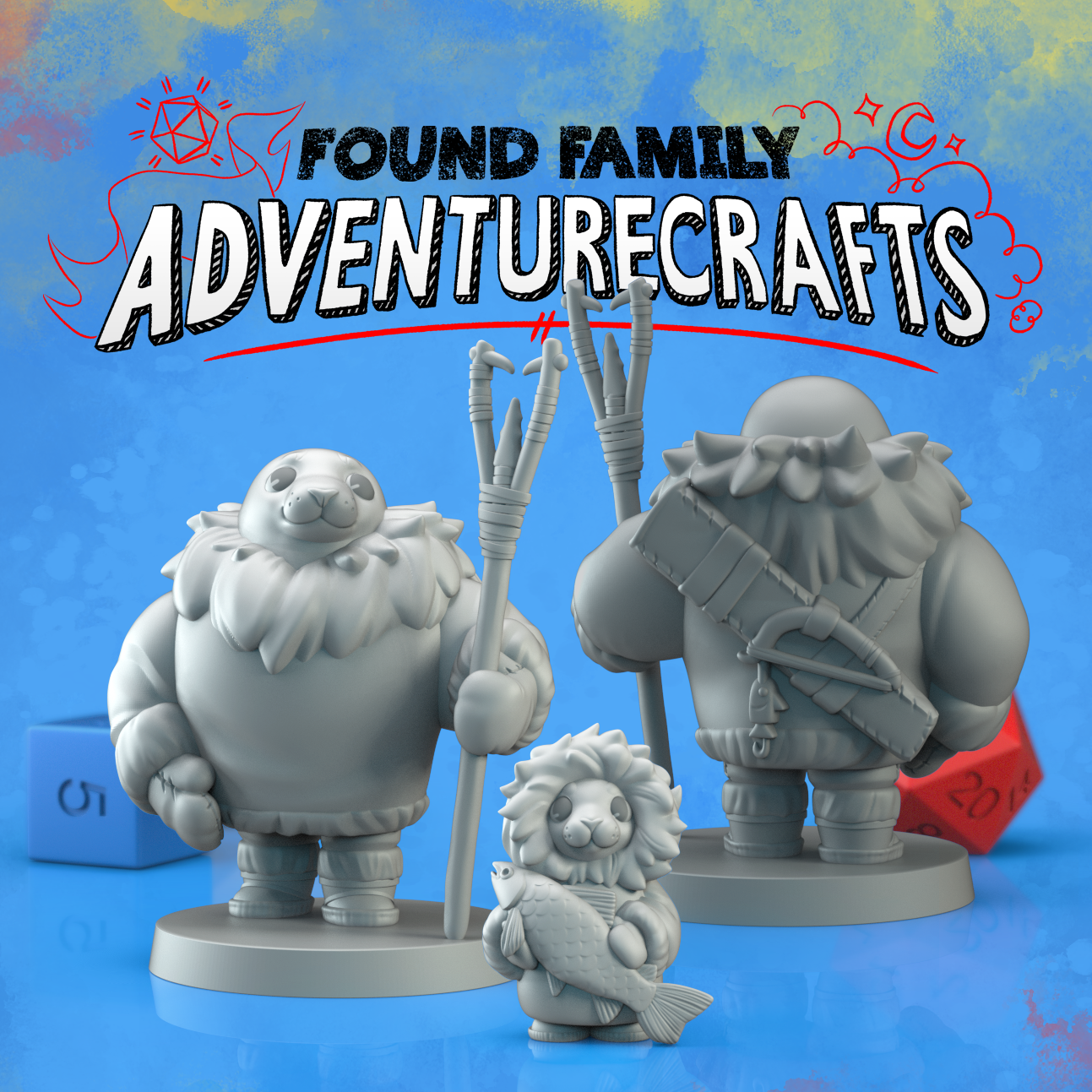 3d models in grey of a seal fisher and a little toddler in two furry parkas, with hunting spear and a big fish.